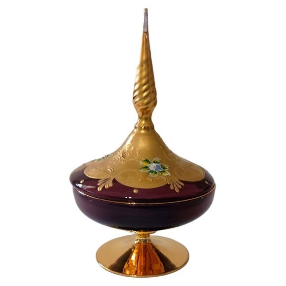 Ardalt Covered Dish Italy Gold Floral Amethyst Glass Gold Handpainted Vintage. - Picture 11 of 16